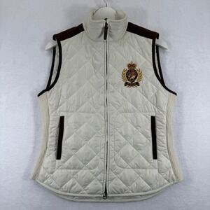 Polo Ralph Lauren Quilted Crest Logo Vest Size Medium Cream Ribbed Collar Zip Up